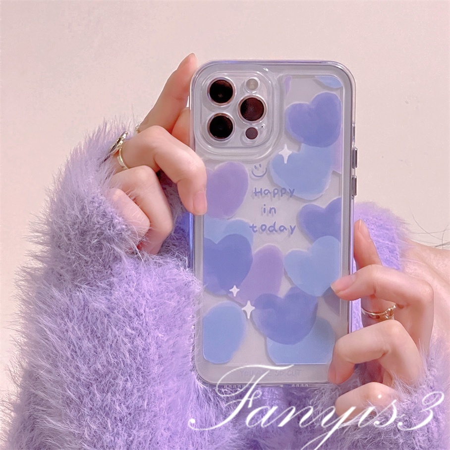 Compatible For iPhone 14 13 12 11 Pro Max X XR Xs Max 8 7 6 6s Plus SE 2020 Kompatibel Untuk Happy Purple Heart Phone Case Clear TPU Soft Cover Pelindung