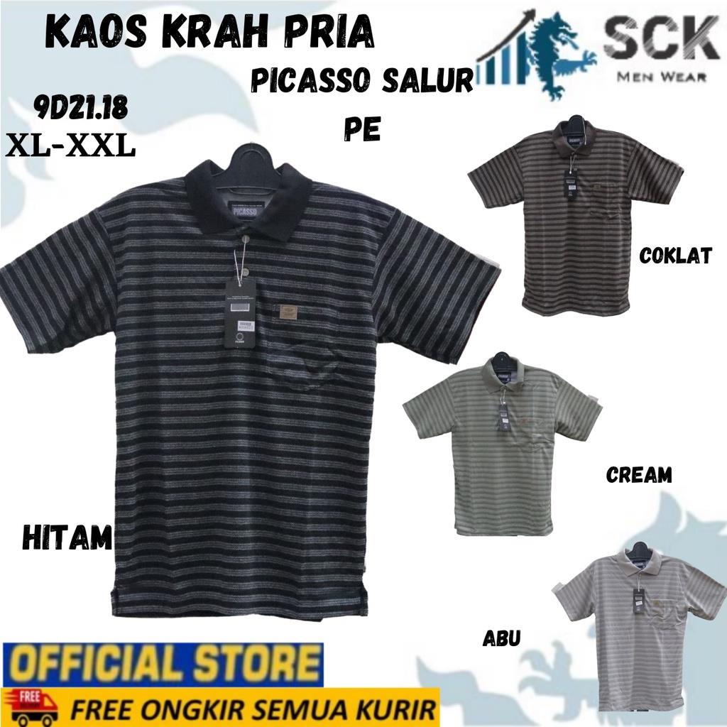 Kaos Kerah Pria PICASSO Motif Salur Kombinasi Aneka Warna PE Halus Original / Baju Cowok Size XL-XXL JUMBO - sckmenwear GROSIR