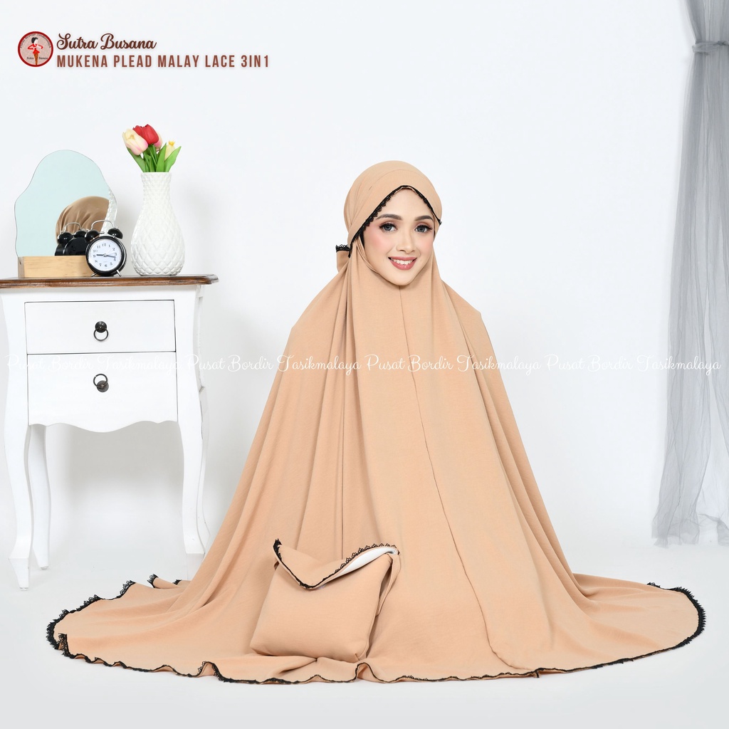 Pusat Bordir Tasikmalaya - Mukena Dewasa Lesty Crinkle Plead Malay Lace 3in1 Nifera