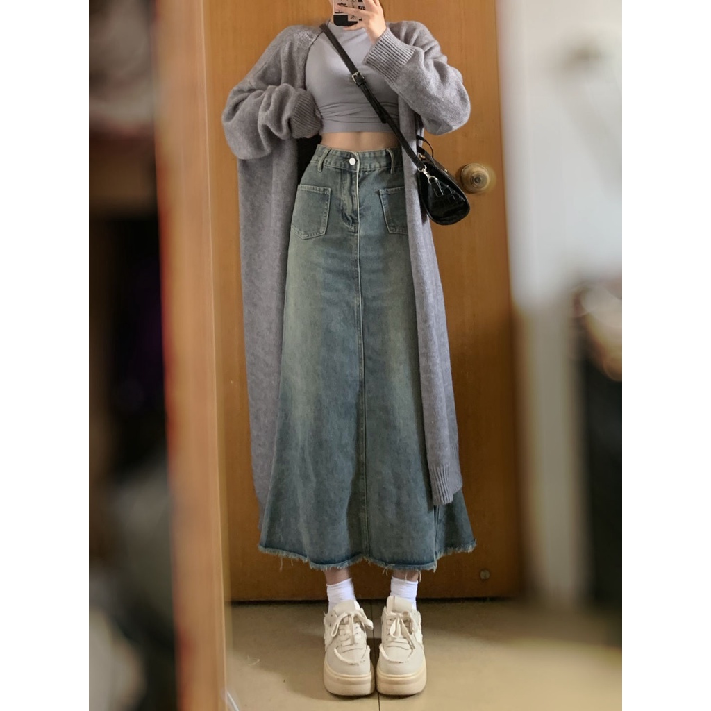 Rok Jeans Panjang Sedang Wanita / Biru Highwaist Fishtail Denim Rok