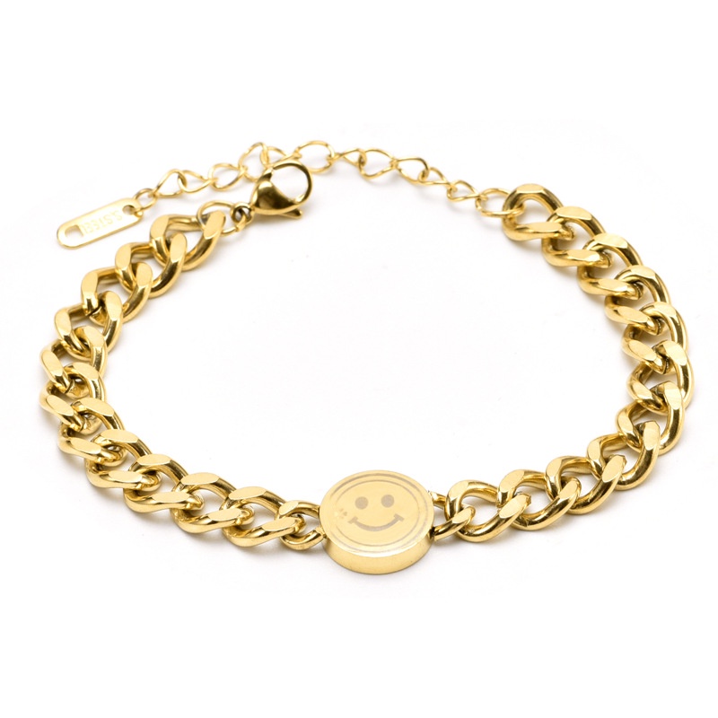 Gelang Bahan Titanium Steel 18K Desain Smiley Face Warna Emas Gaya Hip Hop Korea Jepang