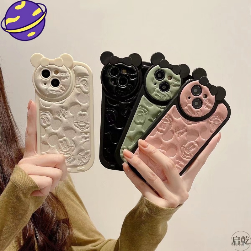 IPHONE Soft Case Mickey Bow 3D Solid Untuk Iphone14 13 12 Pro Max 14plus 11sarung Pelindung Kulit Kartun Timbul