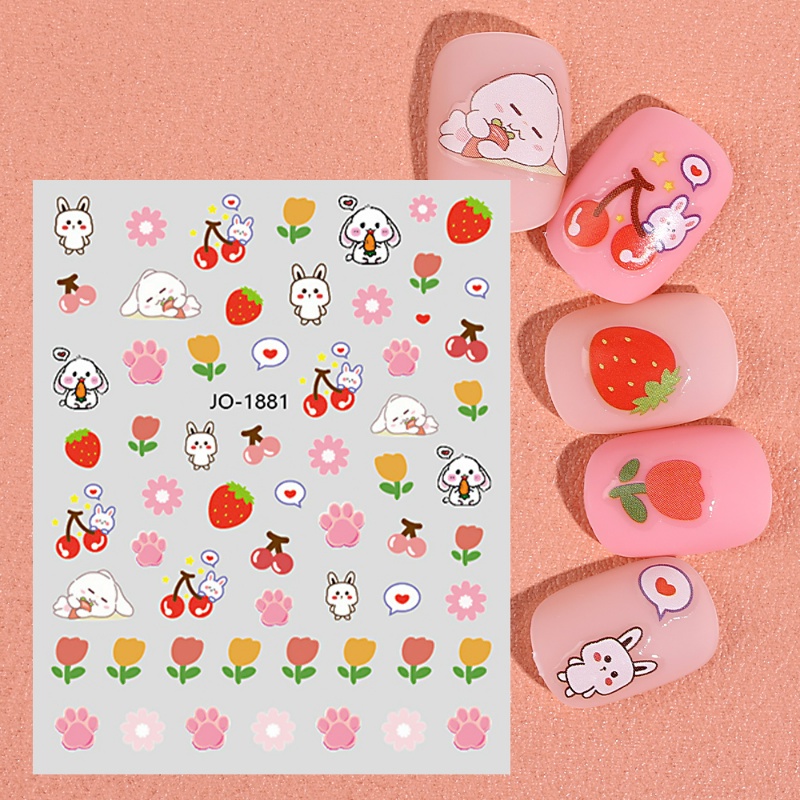 Stiker Nail Art Wortel Kelinci Kartun Lucu/Stiker Kuku Tulip Pink Bunga Warna-Warni/Wanita Manicure Hias Decals