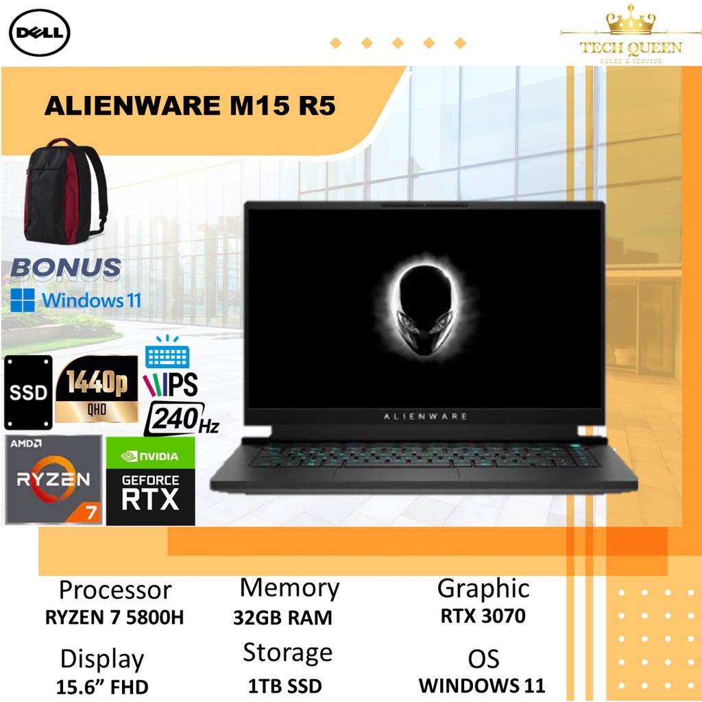 DELL ALIENWARE M15 R5 - RTX3070 8GB RYZEN 7 5800H 32GB 1TBSSD WINDOWS11+OHS 15.6QHD 240HZ