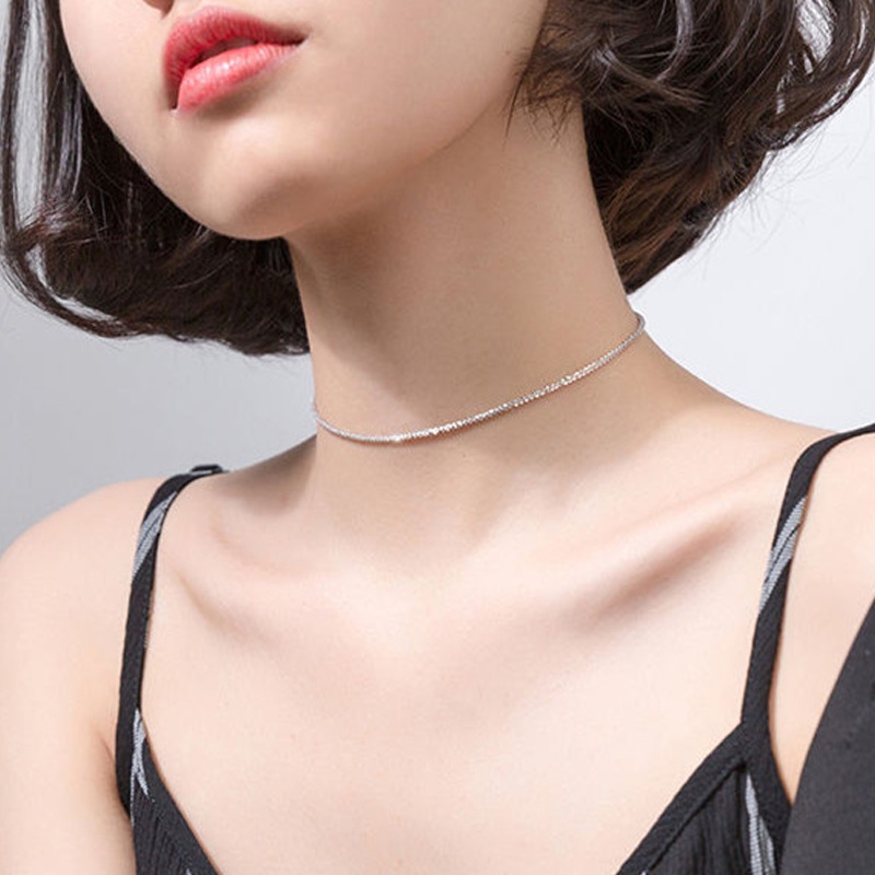 Papaozhu Trendi s925 Perak Glittery Sequin Choker Necklace Untuk Wanita Perempuan Minimalis Kalung Pendek Perhiasan