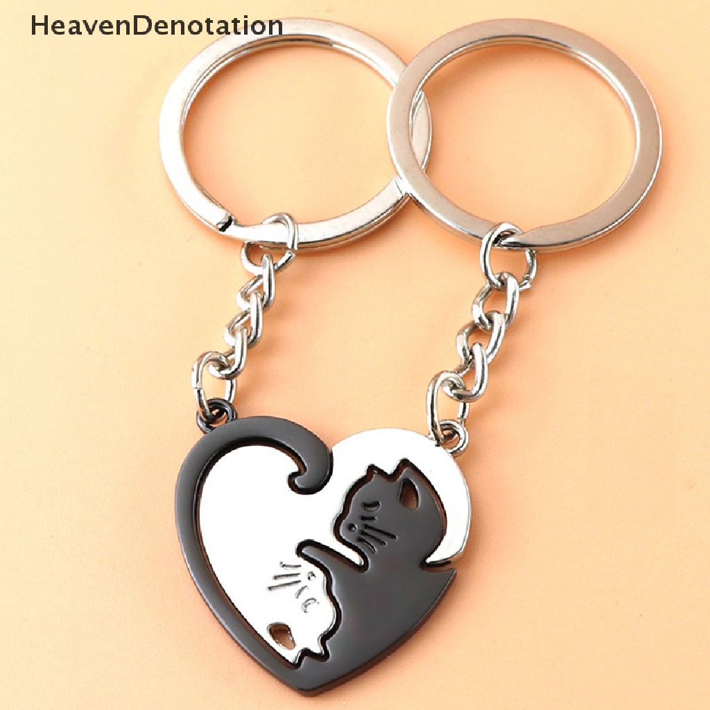 [HeavenDenotation] 1pasang Lucu Kucing Hitam Gantungan Kunci Patchwork Hati Bulat Pasangan Pecinta Keyring Stainless Steel Ransel Kunci Mobil Gantungan Perhiasan HDV