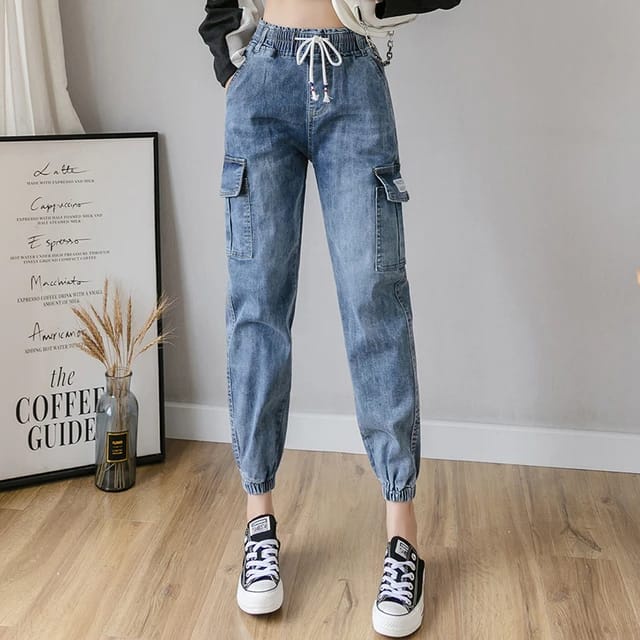 Jogger Jeans Cargo Panjang Wanita Pinggang Karet Warna Snow Boyfriend Jeans Cargo