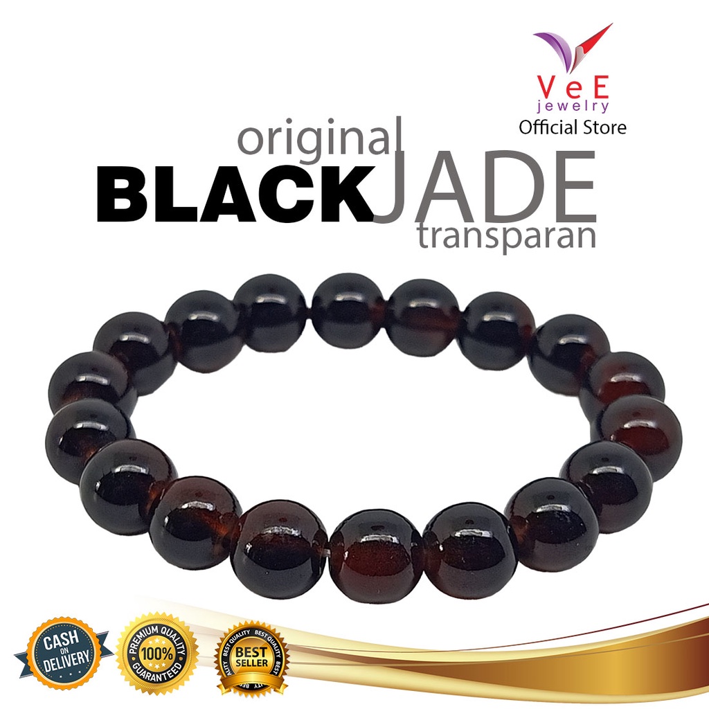 Gelang Black Jade Batu Giok Cina Asli 10mm Transparan - VeE Bracelet Batu Alam Terapi Kesehatan