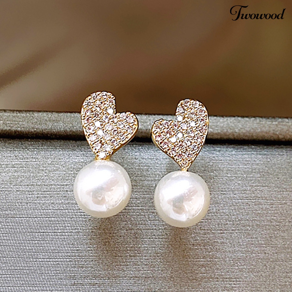 Twowood 1pasang Ear Studs Dainty Elegan Gaya Perancis Temperamen Retro Hadiah Mini High Gloss Mutiara Imitasi Cinta Hati Wanita Anting Perhiasan Aksesoris