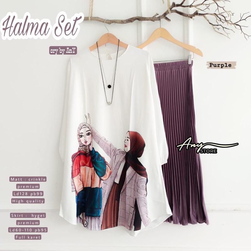 Halma set setalan rok plisket dan Tunik muslimah