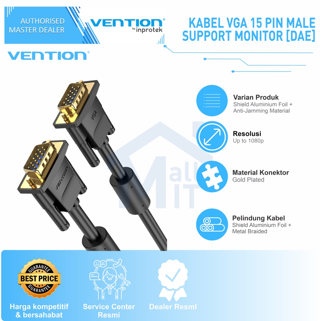 ( Bisa Cod ) Vention Kabel VGA 15 Pin 1080P FULL HD Monitor ASUS SAMSUNG LG DAE 20m