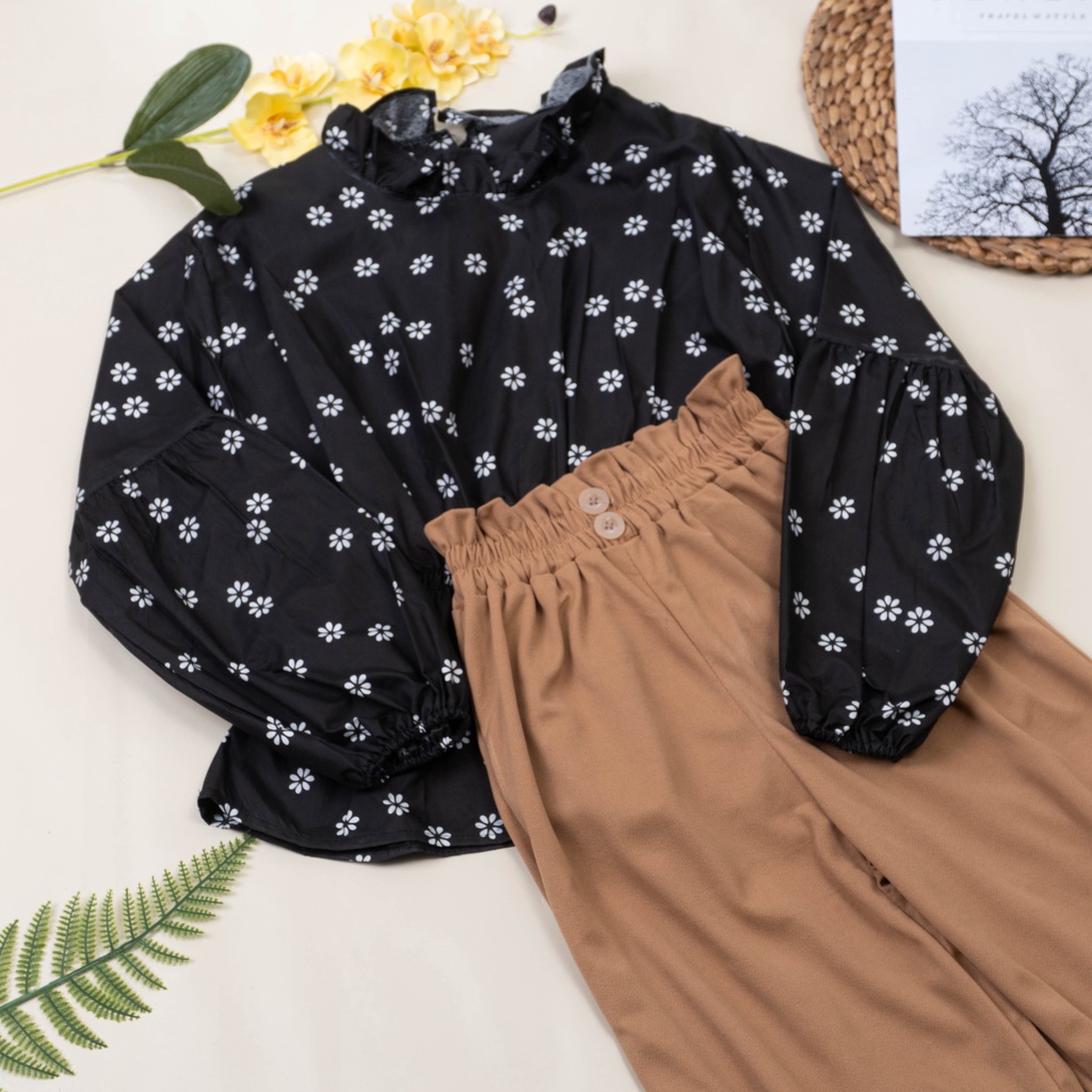 IL - SETELAN BYTHA MOTIF BUNGA TERBARU / ONE SET KULOT BUTTON 2 KANCING BAHAN CREPE PREMIUM-BYTHA HITAM+CREAM