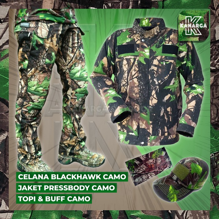 Satu Set Setelan Baju Camo Berburu - Celana Jaket Tactical Topi Camo