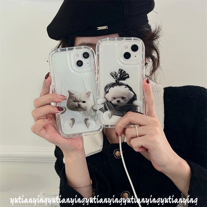 IPHONE Couple Casing Ponsel Kucing Anjing Lucu Kompatibel Untuk Iphone11 12 14 13 Pro Max XR 7Plus X7 8 6 6s Plus XS Max Transparan Shockproof Airbag Kreatif Kantong Plastik Lembut Tpu Penutup Belakang