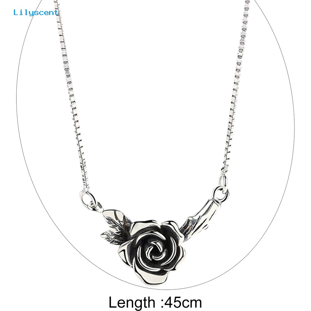 [LS] Wanita Kalung Vintage Bunga Hitam Rose Stainless Desain Lama Leher Dekorasi Warna Perak Tepi Halus Rose Liontin Kalung Pesta Perhiasan