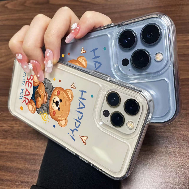 IPHONE Cute Bear Transparan Soft Case Kompatibel Untuk Iphone14 13 11 12 Pro XS Max XR X8 7 6S Plus Shockproof Casing Ponsel Silikon TPU Cover