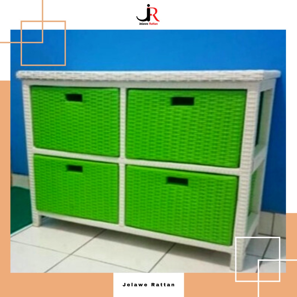 Lemari Laci Susun 4 Rak Bufet Penyimpanan Serbaguna Rotan Sintetis
