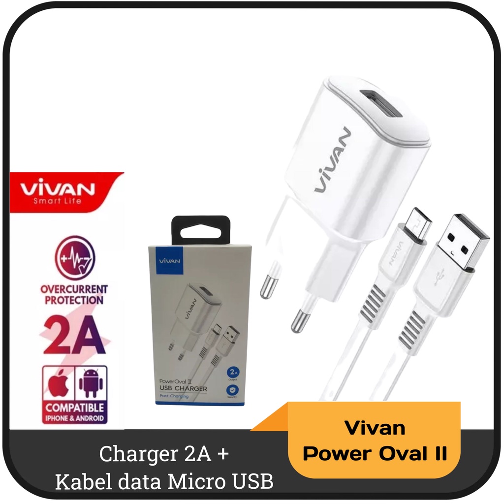 Charger 2A + Kabel Data Micro USB Fast charging Vivan Power Oval II