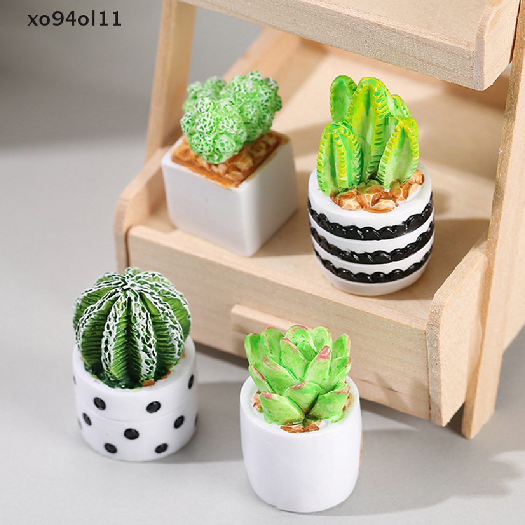 Xo 1/4Pcs 1: 12rumah Boneka Miniatur Tanaman Pot Sukulen Pot Cactu Model Lanskap Mikro Dekorasi Taman Rumah Mainan Aksesoris Rumah Boneka OL