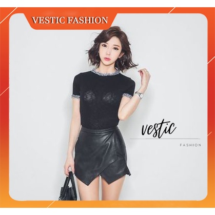 Rok Mini Bahan Kulit Model Korea Simetris - Warna Hitam