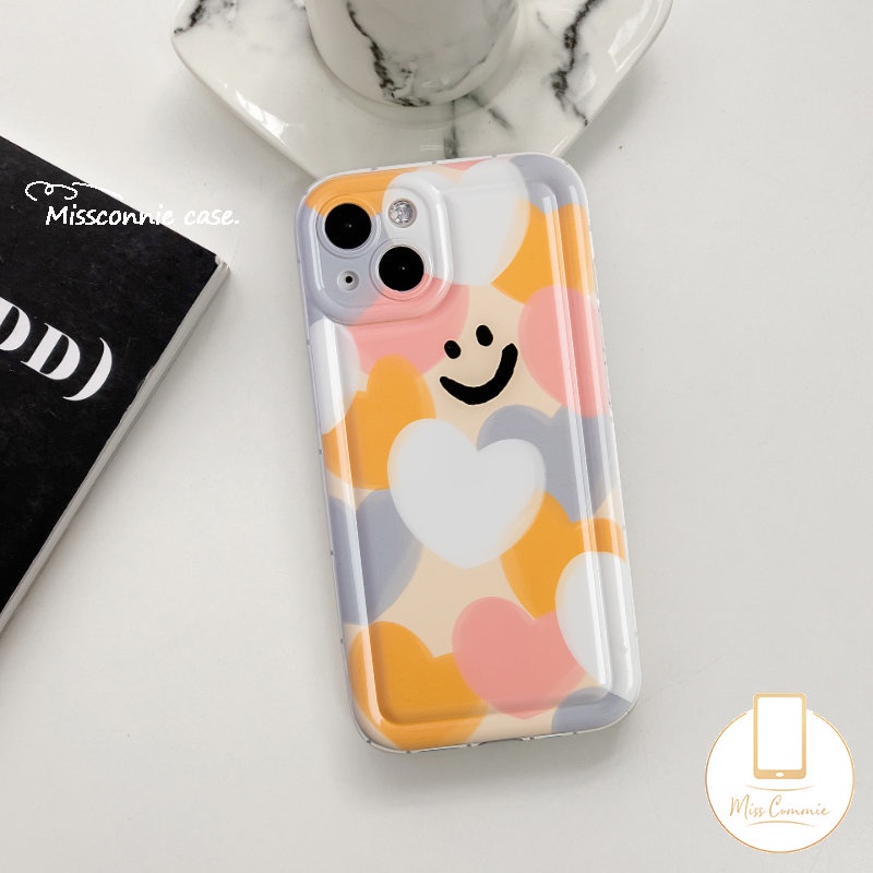 IPHONE Case Cinta Hati Warna-Warni Kompatibel Untuk Iphone11 14 13 12 Pro Max6 7 8 6S Plus XR X XS MAX SE 2020 Kartun Lucu Smiley Pelindung Kamera Lembut TPU Shockproof Airbag Silicon Cover