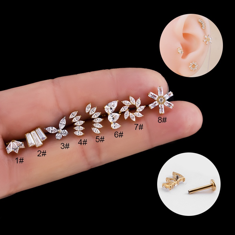 1biji G23 Titanium Gigi Dalam Bibir Kuku F136 Titanium Bertatahkan Zirkon Fashion Mahkota Kupu-Kupu Karangan Bunga Tulang Rawan Helix Piercing