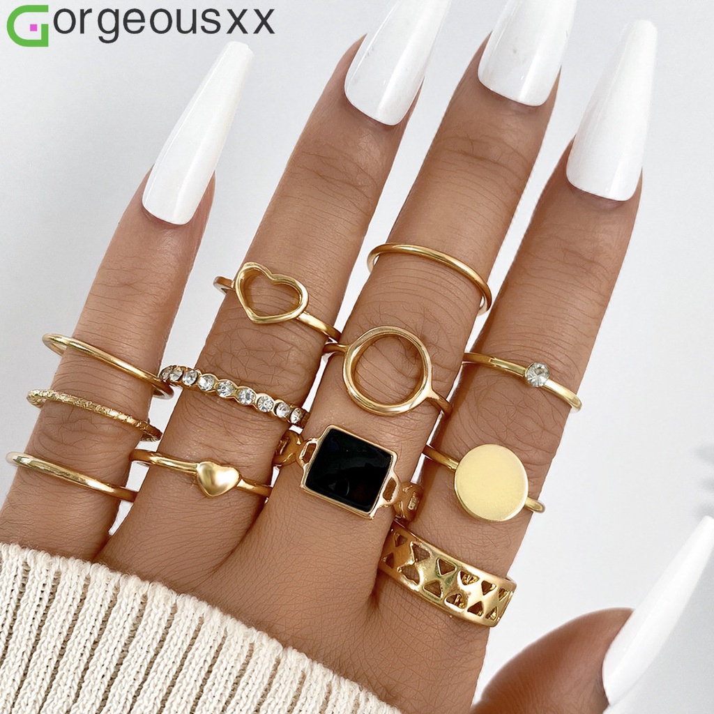 12pcs/set Retro Berongga Jantung Cincin Set Sederhana Lingkaran Geometris Dilipat Berlian Imitasi Cincin Perempuan Wanita Pesta Perhiasan