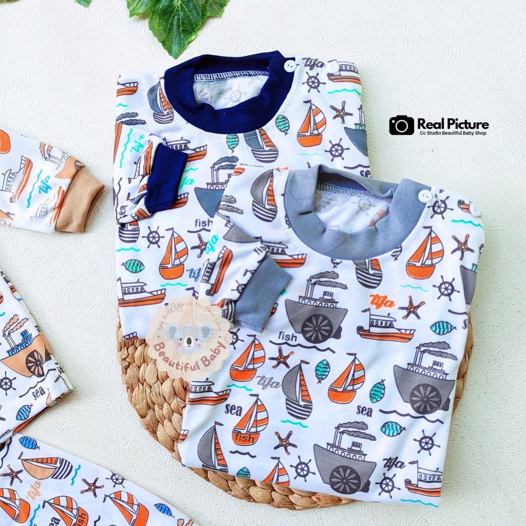 Setelan Baju Bayi Panjang Laki-laki Motif Kapal Laut / Piyama Bayi Laki-laki / Baju Tidur Bayi / Kaos Oblong Bayi &amp; Anak Kancing Pundak / Baby.ou