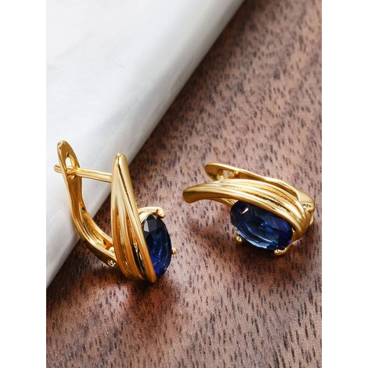 Mode Modern Deep Blue Cubic Zirconia Hoop Earrings Untuk Wanita Warna Emas Perhiasan Telinga Lady Mewah Anting Temperamen