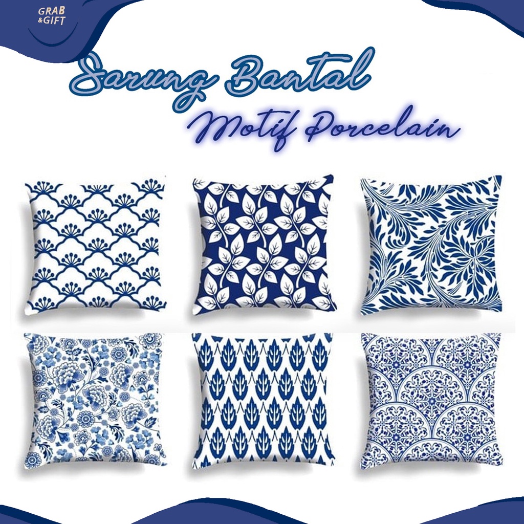 SARUNG Bantal Sofa Print Motif Porcelain Pattern Biru Putih 40x40 cm