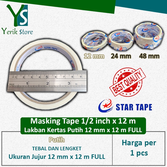 

Masking Tape Putih 1/2 inch x 12 m FULL (12 mm x 12 m) LAKBAN KERTAS