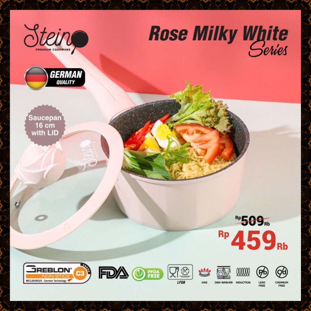 Stein Cookware ROSE Series SAUCEPAN 16CM + TUTUP KACA Anti Lengket Granite Greblon German