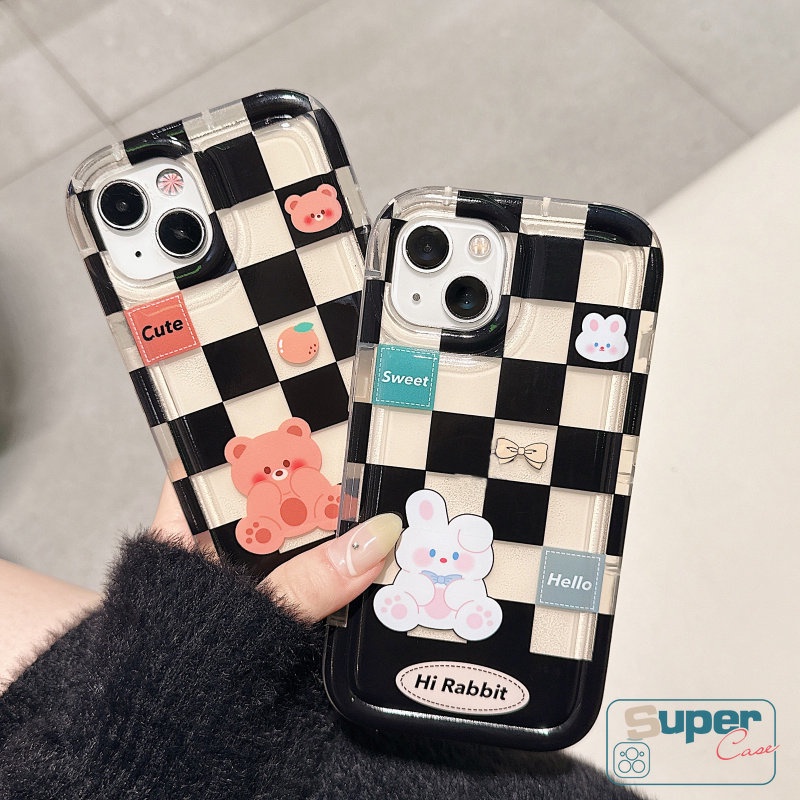 IPHONE Kompatibel Untuk Iphone11 7plus 8plus 13 14 12 Pro Max7 8 6 6S Plus XR X XS MAX Beruang Lucu Kelinci Kotak-Kotak Kotak-Kotak Lembut TPU Shockproof Airbag Pasangan Ponsel Case