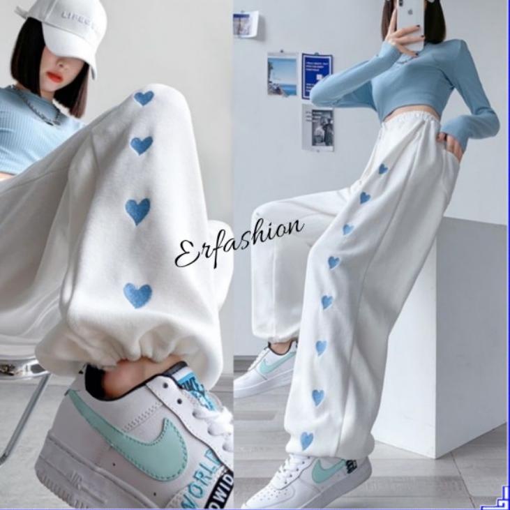 Sale Sekarang Erfashion - Ootd Celana Jogger Pant Wanita Sweat Love Hati | Joger Panjang Training Sp