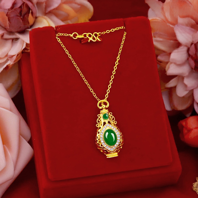 Goldkingdom Perhiasan Fashion Emas Asli Kadar 375Bangkok Aksesoris Ready Stock Micro Gold Jade Pot Liontin Wanita Retro Emerald Kekayaan Membawa Keberuntungan