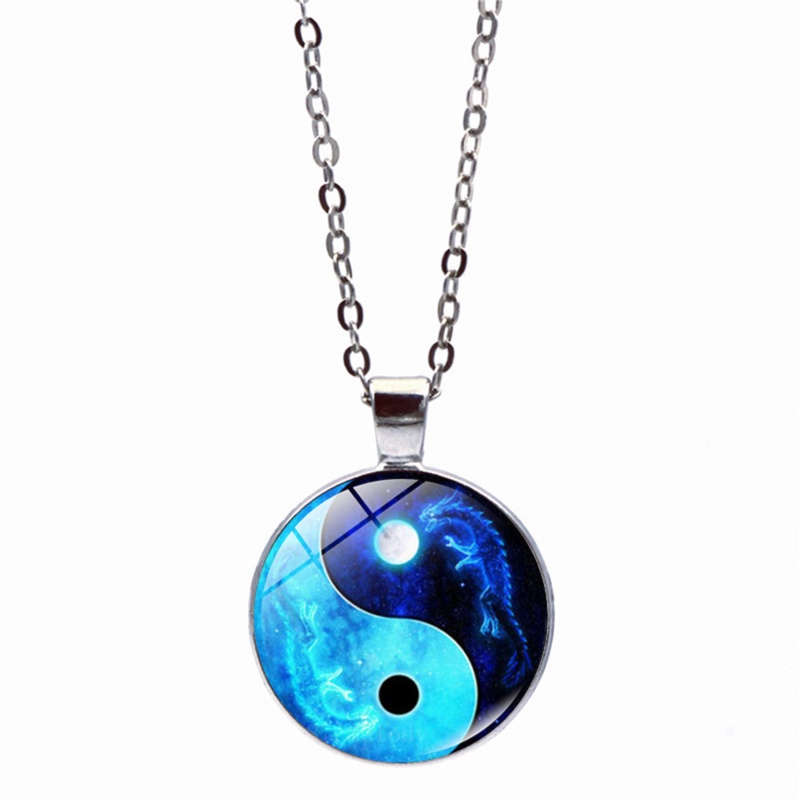 [AYBx] Baju Kaos Distro Pria Wanita Lengan Pendek Kalung Tai Chi Unisex Time Stone Cabochon Kaca Liontin Naga Bulan Yin Yang