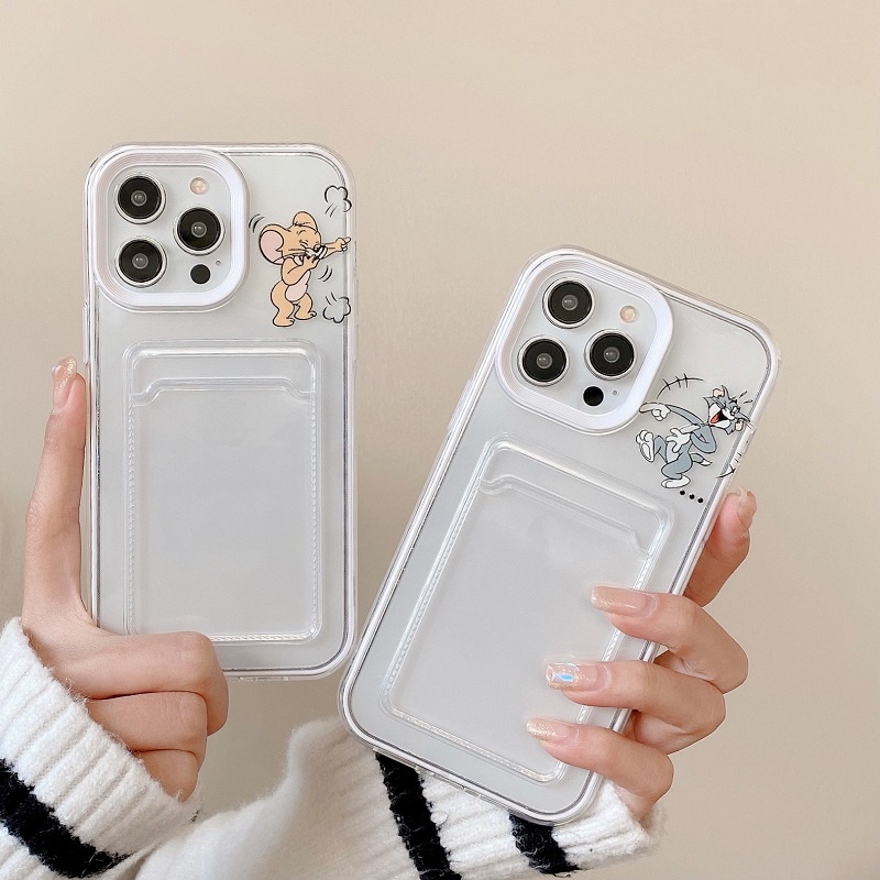 IPHONE Casing Transparan Desain Lengan Kartu 3in1 Untuk Iphone14 13 12 11 Pro Max Kartun Kucing Dan Tikus X XR XS Max7 8 Plus