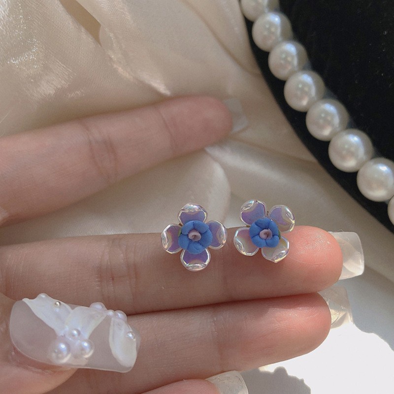 Korea Korea S925 Jarum Perak Anting Bunga Biru Kecil Perempuan Manis Anting Resin Perempuan Temperamen Anting Sederhana