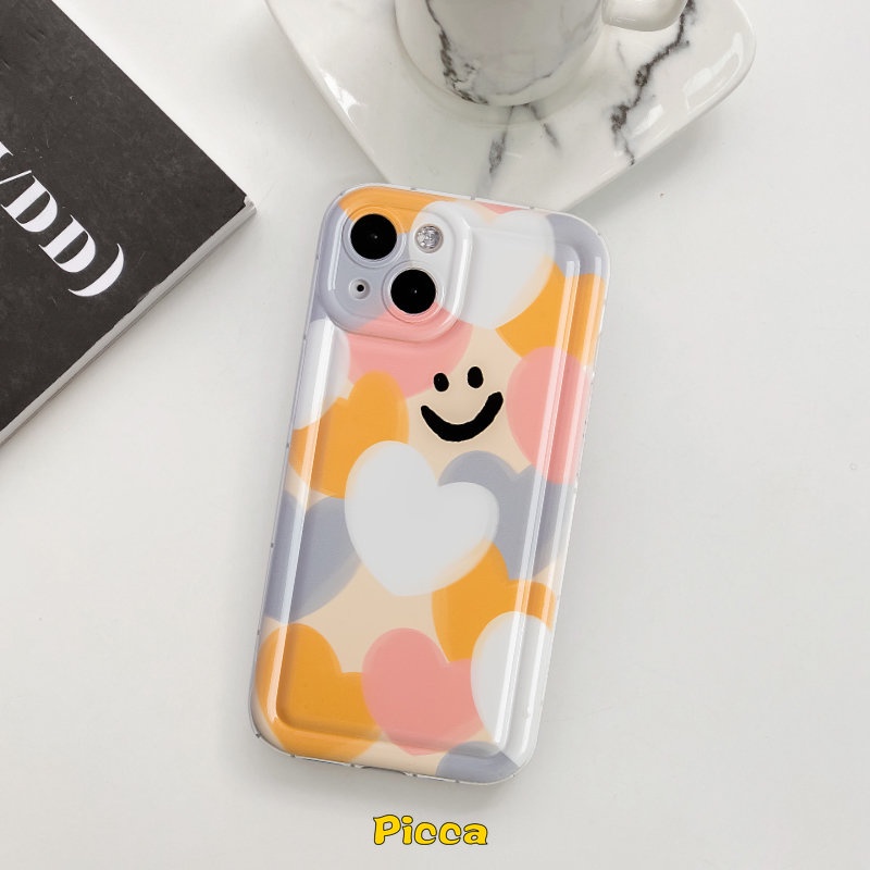 IPHONE Kartun Lucu Smiley Case Kompatibel Untuk Iphone14 11 13 12 Pro MAX XR 6 6S 7 8 Plus X XS MAX Warna-Warni Cinta Hati Lembut TPU Shockproof Airbag Pelindung Kamera Silicon Back Cover