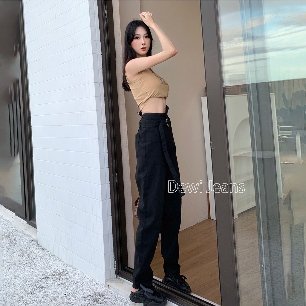 BISA COD J38 Jeans Celana Kulot Hitam Highwaist Jeans Wanita Budidaya Boyfriend