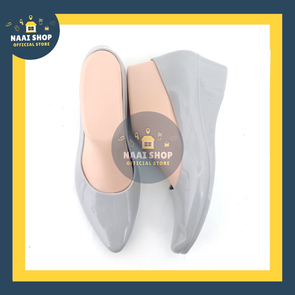 Sepatu Wedges Wanita Polos Kilau Size 36-40 Heels Sedang -+ 4 CM Jelly Shoes Soft Color Glosy Slip On Kerja Kuliah Sekolah Terbaru Selop Bahan Karet Kasual Korea Style Kekinian Slop Formal Cewek Import Premium Murah Pantofel Terlaris Jinjit Mokaya 805 Naa