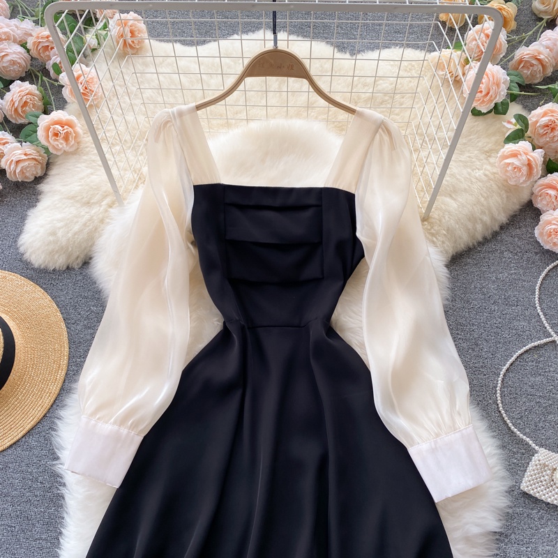 Midi Hitam Dress Korean Style Casual Dress Lengan Panjang Vintage Mesh Stitched Long Sleeved Dress