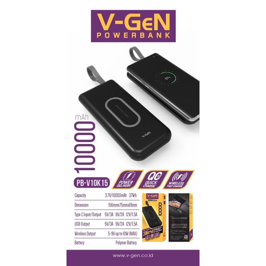 Vgen Powerbank 10000mAh Wireless Fast Charging QC3.0 3in1 PB-V10K15