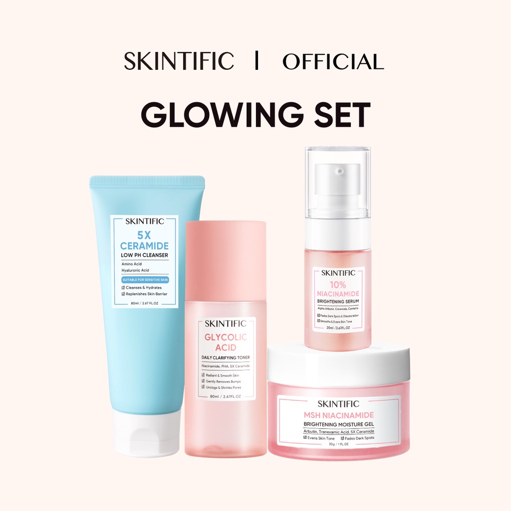 SKINTIFIC 4PCS Glowing Set MSH Niacinamide Brightening  Moisturizer pelembab wajah + Whitening Serum brightening Serum Pemutih + Facial Cleanser Pembersih wajah Face Wash + Skin Toner Facial Toner Wajah