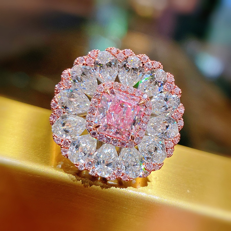 Goldkingdom Fashion Perhiasan Aksesoris Ready Stock Super Terang Bunga Sakura Musim Warna Harta Karun Cincin Bantal Berbentuk Argyll Pink Berlian Cincin Temperamen Gadis