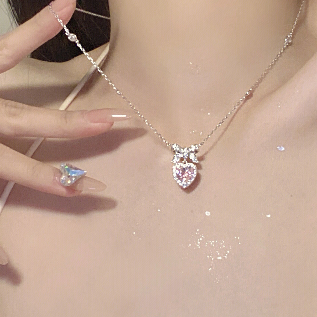 Sweet Bowknot Pink Heart Pendant Kalung Kristal Silver Untuk Aksesoris Perhiasan Wanita