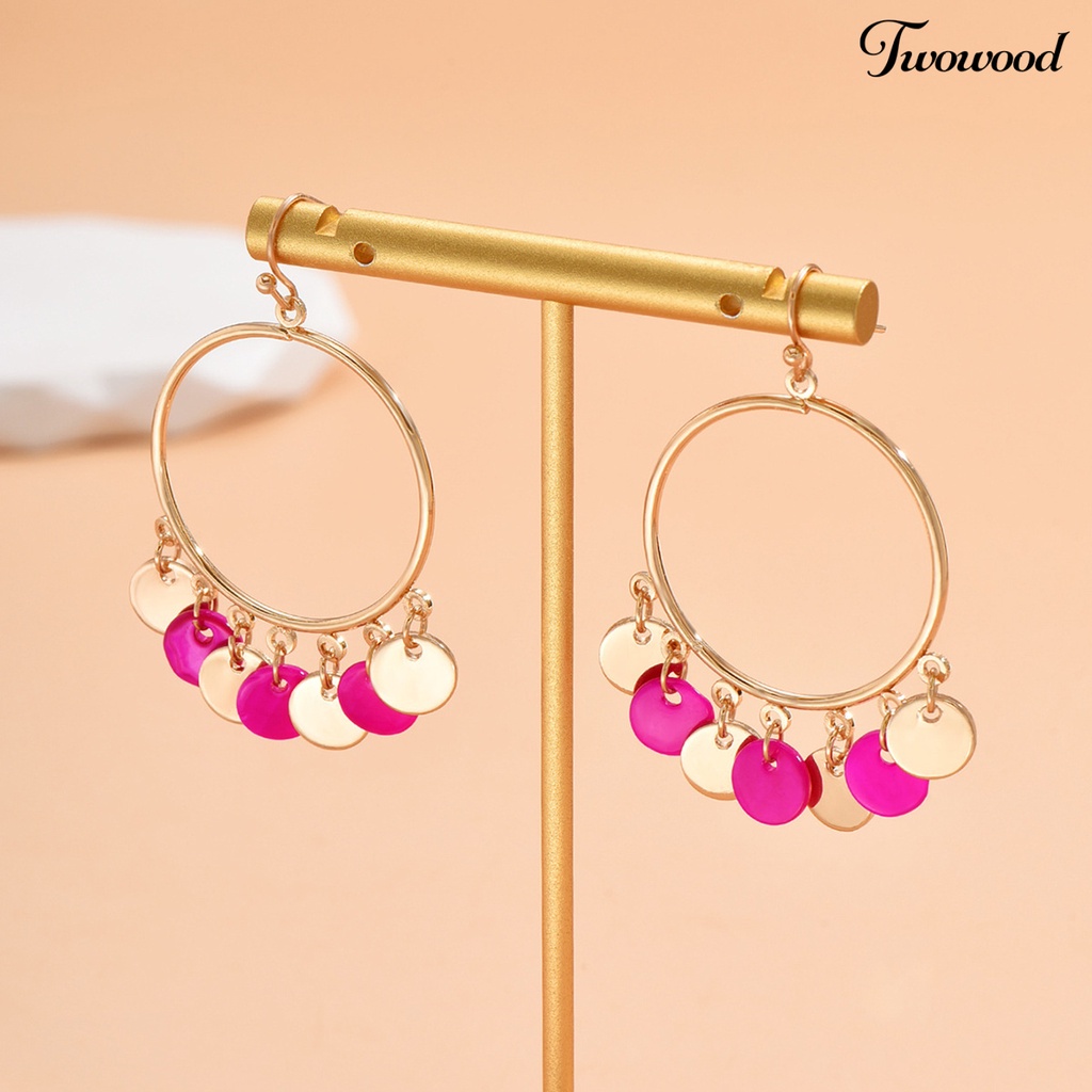 Twowood 1pasang Anting Kait Berlebihan Cincin Besar Kepribadian Geometris Hadiah Emas Alloy Bicolor Bulat Liontin Drop Earrings Fashion Perhiasan