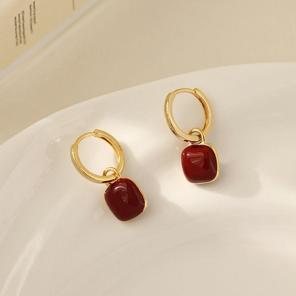 MXBEAUTY Anggur Merah Anting Rasa Mewah Manis Gaya Perancis Aksesoris Perhiasan Bentuk Cinta Persegi Wanita Hoop Earrings