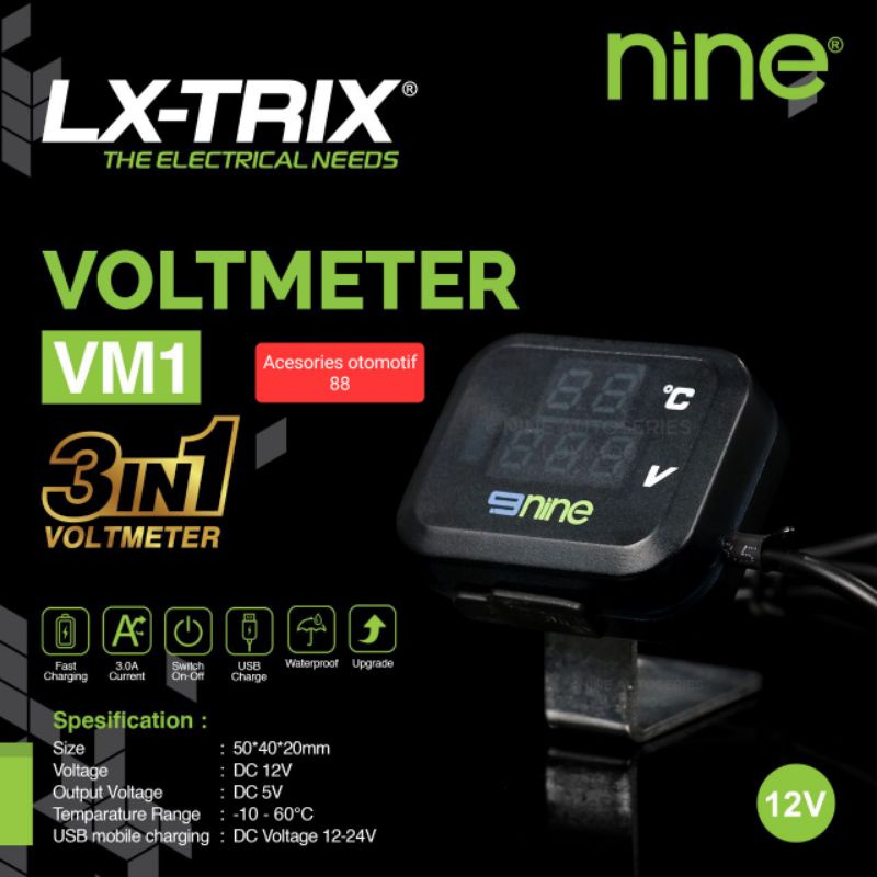 Volmeter digital universal 3in1 VM1 ORI NINE LX TRIX BAY NINE  USB CHARGER WATERPROF bracket spion