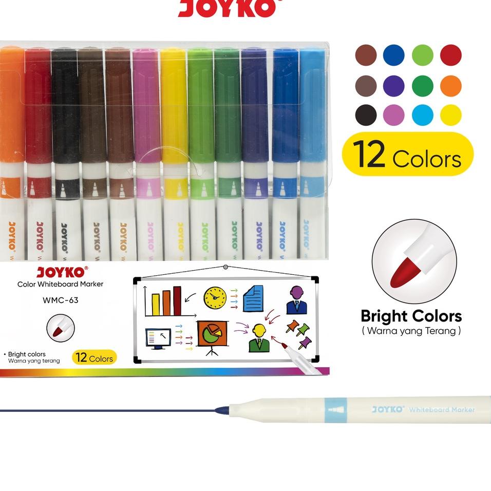 

In Stock! Spidol Warna Papan Tulis Color Whiteboard Marker Joyko WMC-63 12 Warna